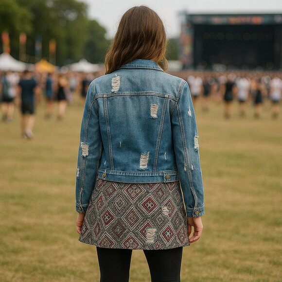 Style Me Distressed Denim Jacket Size S Embroidered Stars - Picture 3 of 6